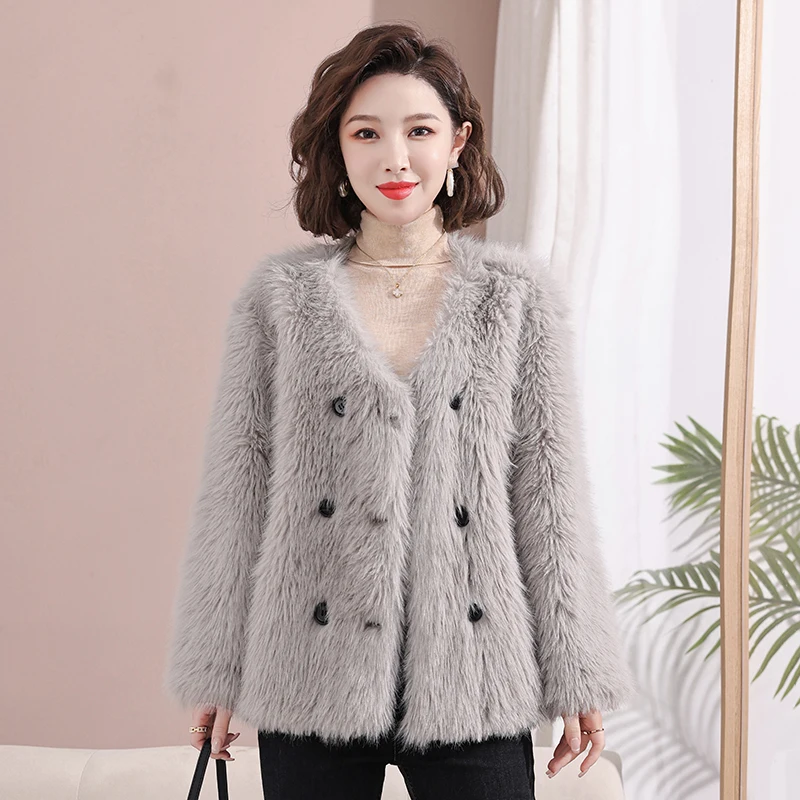 

Imitation Fox Fur Fur for Women Long Loose Thick Fur Coat Hot Fur Hot Fur Jackets V Neck Long Coat