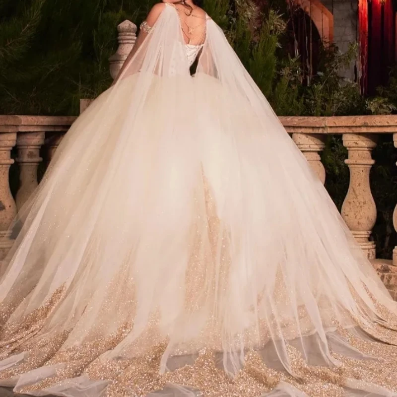 

Платье принцессы для выпускного вечера с накидкой, Кружевная аппликация, иллюзия, с длинным рукавом, женское драгоценное платье на день рождения, 15 Quinceanera