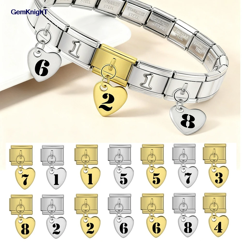1pc Klassische Zahl 0-9 Italienischen Charme Laser Herz Anhänger Link Fit 9mm Schmuck Machen DIY Edelstahl armband Zubehör