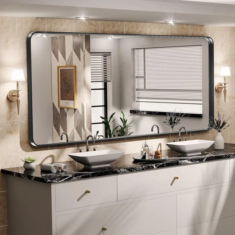 

63×35 Inch Wall Mirror for Bathroom, Rectangular Black Metal Frame Bathroom Mirrors, Modern Wall Mounted Vanity Mirror