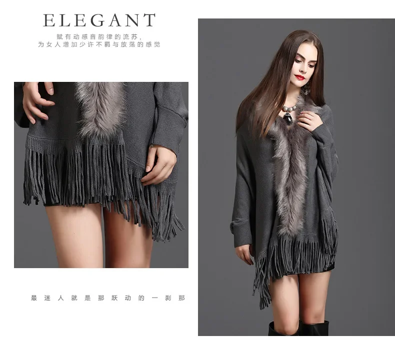 Description Picture 5 of item9 Colors Winter Autumn Knitted Long Sleeves Poncho Shawl Cloak Women Faux Fox Fur Loose Knitwear Tassel Cardigan Coat