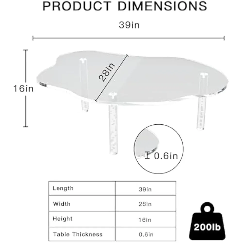Acrylic Cloud Shaped Coffee Table, Modern Irregular Waterfall Transparent Coffee Table Furniture, with 3 Solid Bubble Legs 2