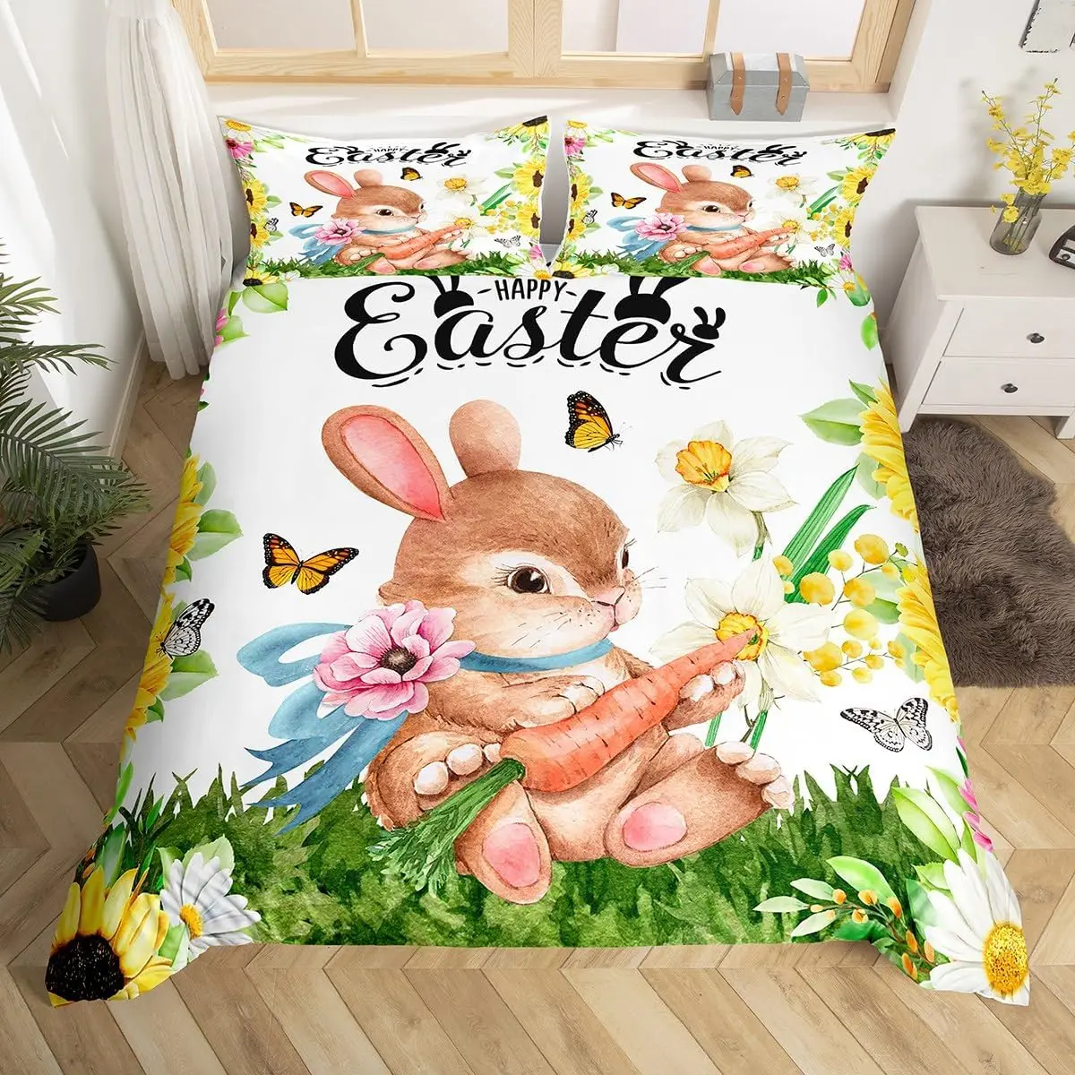 Kawaii Pet Rabbit Duvet Cover Set Full King Spring Botanical Leaves Bedding Set Easter Bunnies Couple Bowknot Print Quilt Cover 6