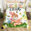 Kawaii Pet Rabbit Duvet Cover Set Full King Spring Botanical Leaves Bedding Set Easter Bunnies Couple Bowknot Print Quilt Cover 6
