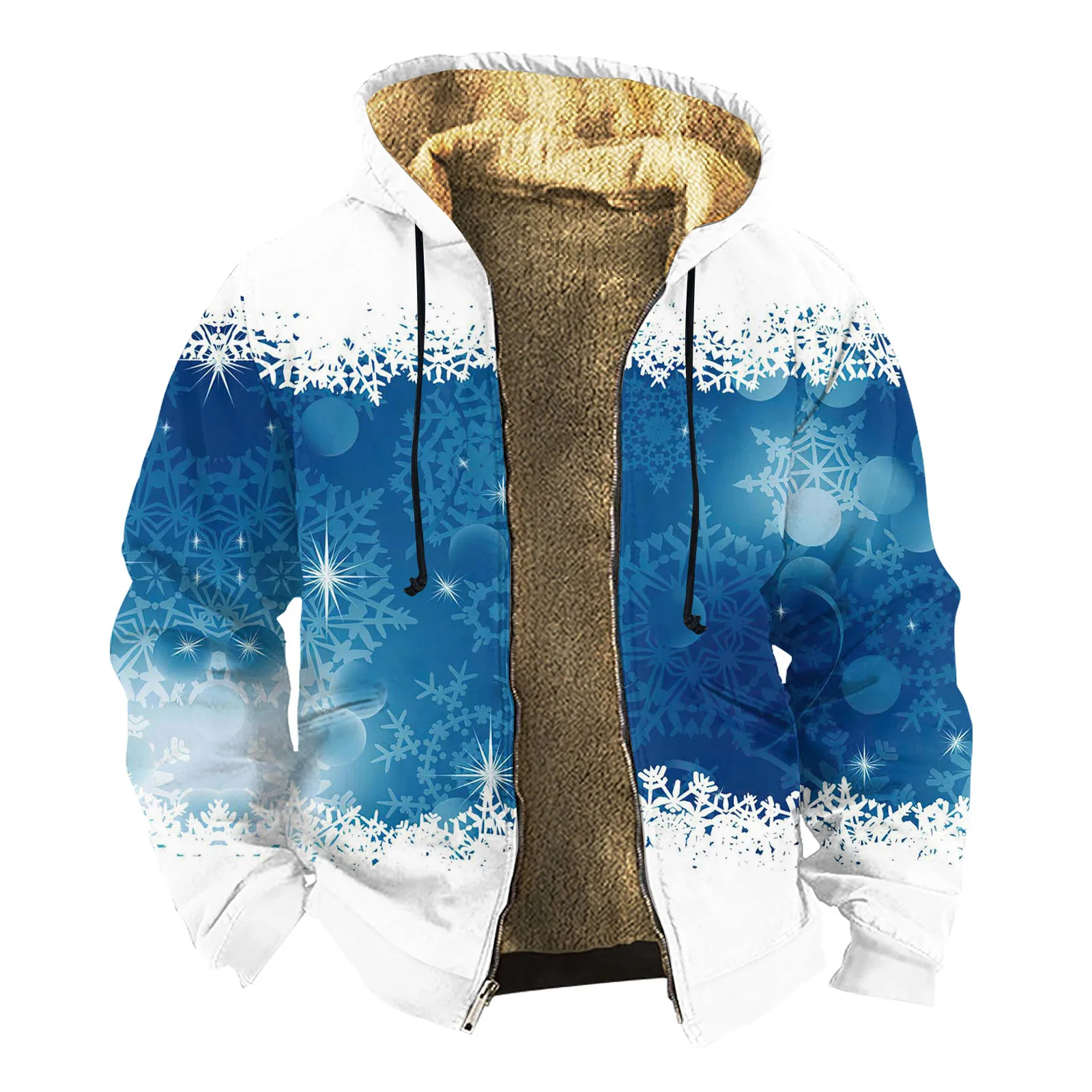 

Christmas Men Fleece Jacket Snowflake Print Long Sleeve Zipper Pockets Hooded Fleece Jackets Wool Lining Coats Outerwear