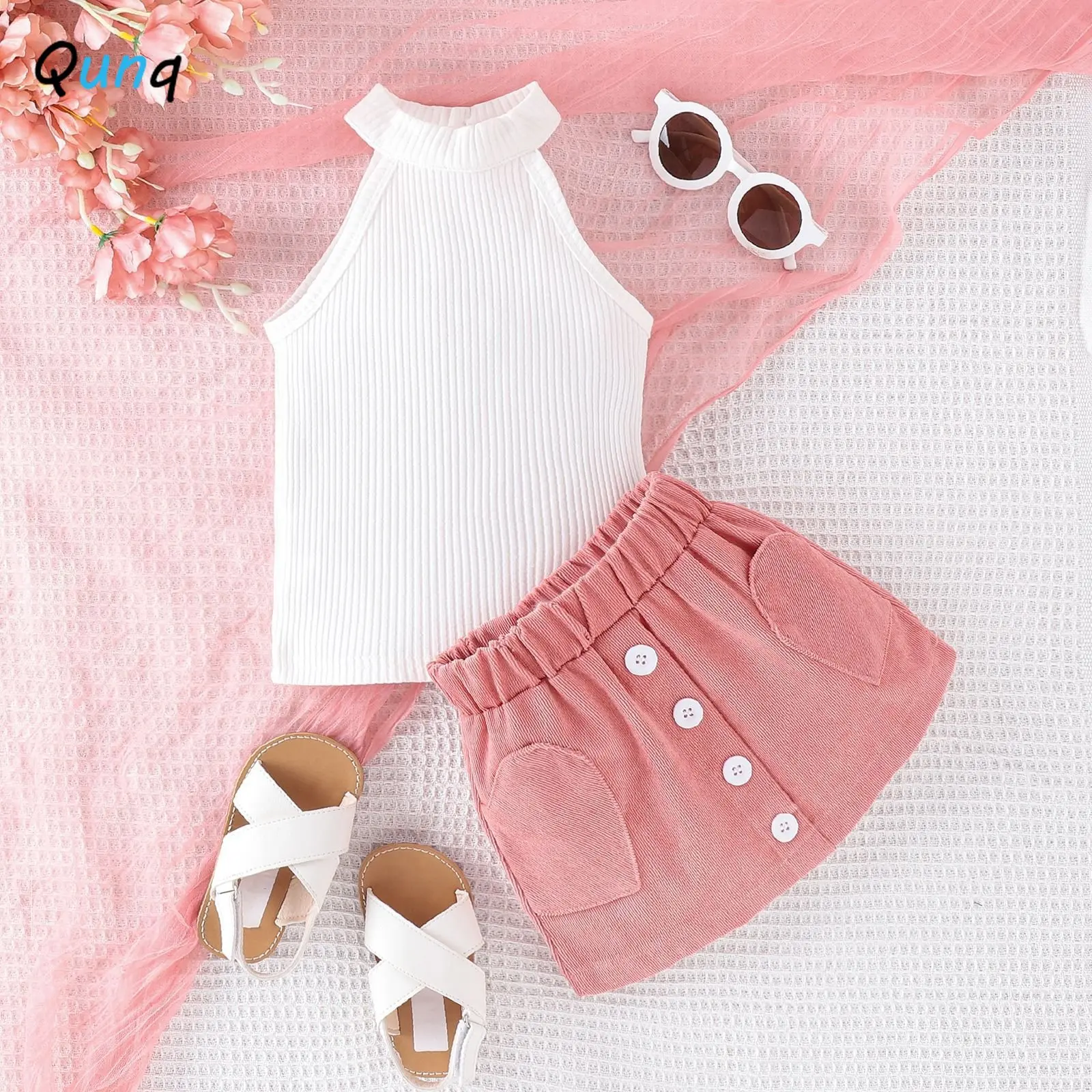 

Qunq 2023 Summer INS New Girls O Neck Fashion Solid Sleeveless Top + Corduroy Skirt 2 Pieces Set Casual Kids Clothes Age 3T-8T