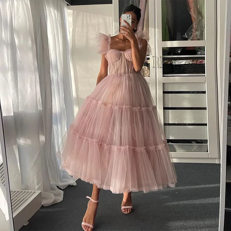 

Light Simple Pink Short Dresses Spaghetti Straps Tiered Tulle Prom Gowns Sweetheart Tea Length Evening Party Dress