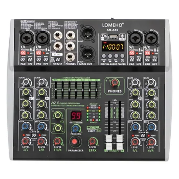 LOMEHO 미니 6 채널 사운드 믹서, 블루투스 오디오 믹싱 콘솔, 48V 99 DSP 테이블, 전문 USB PC 재생, 레코드 노래방 AM-AX6