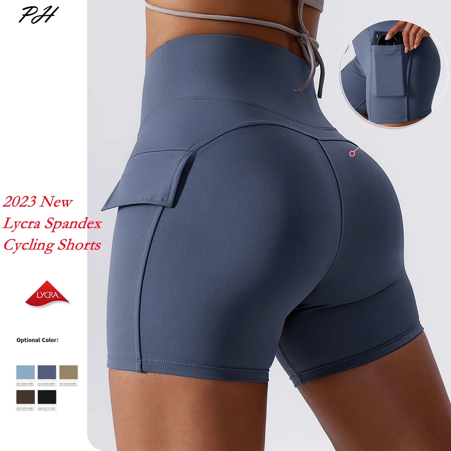 

Lycra Nude Yoga Shorts Cycling Shorts Gym Jogging Running Fitness Sport Shorts Women High Waist Tight Sports Shorts With Pocket