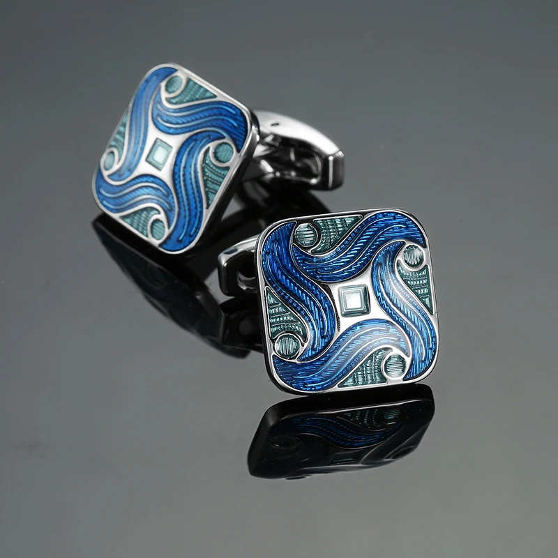 Luxury Mens Cufflinks - Classic Square Blue  Black Retro Pattern Suit Accessories