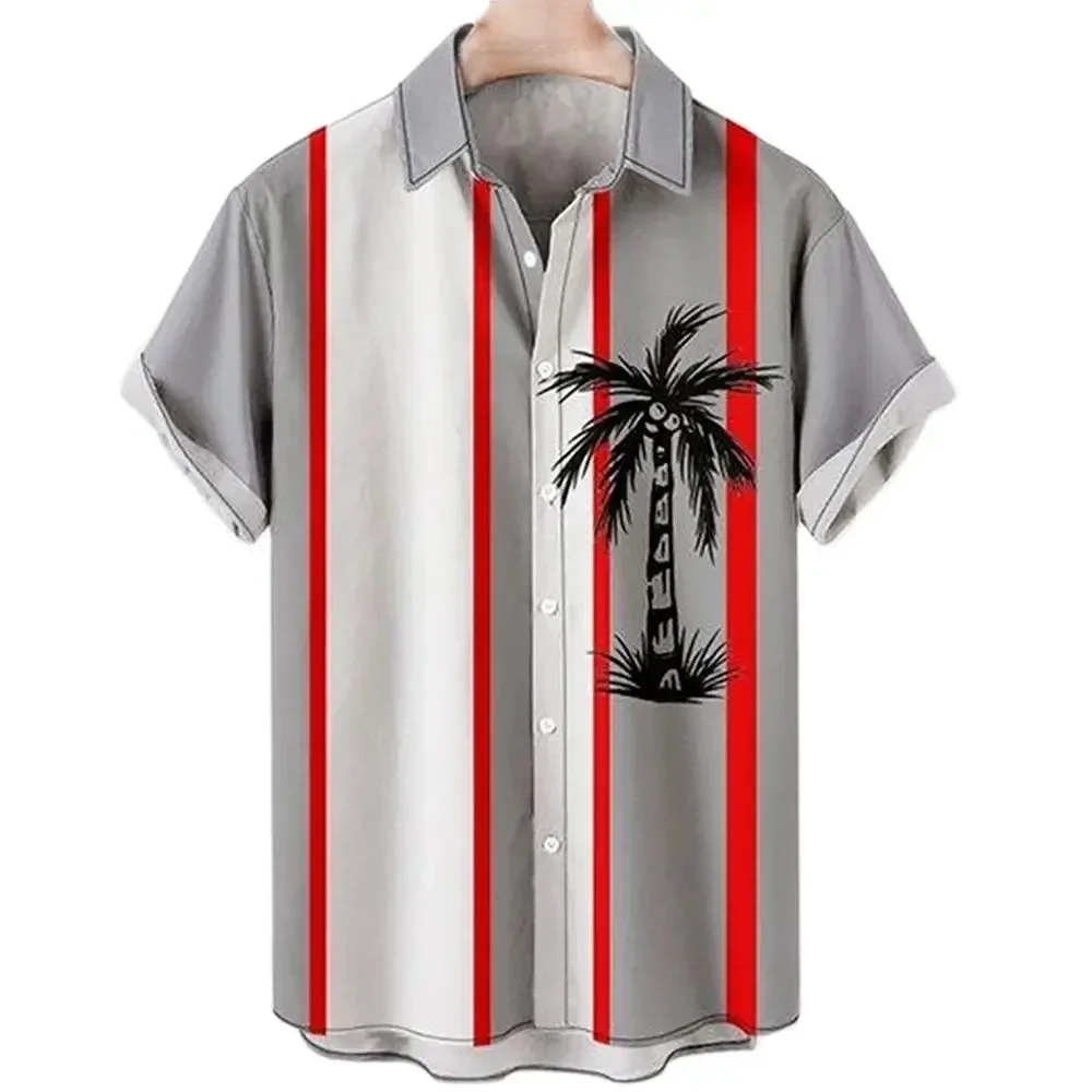

Hawaiian Shirt for Men Summer 3d Coconut Tree Printed Striped Holiday Short Sleeve Tops Tee Oversized Blouse Casual Men Shirt
