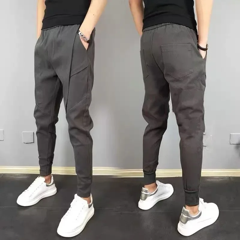 Summer New Solid Color Casual Pants Men's Korean Trendy Slims Smooths Your Silhouette Harem Waist Pants Youth Cropped Q11 2