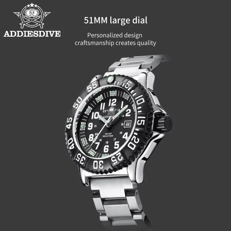 ADDIESDIVE NEW Quartz Watch Men Wristwatch 316L Stainless Steel 50m Waterproof Watch Luminous Hand 51mm Alloy Case Sports Watch