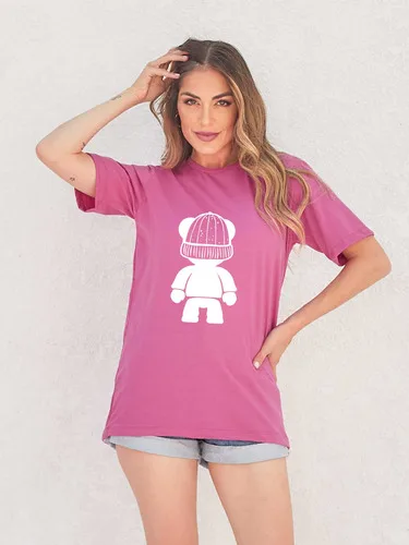 Camiseta Feminina Oversized Estampada Pink Urso