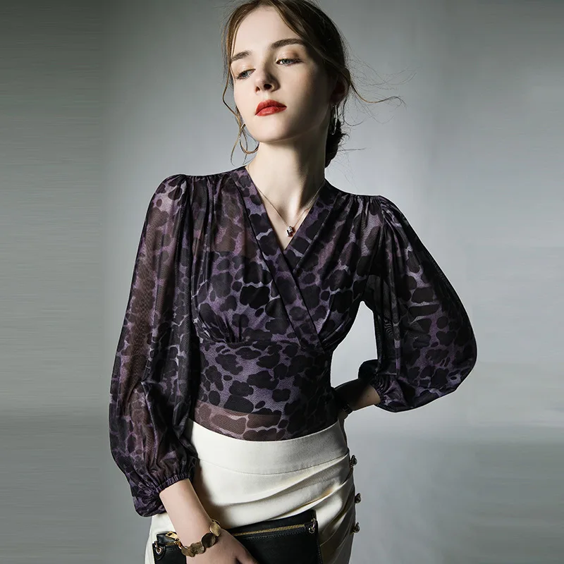 

Transparent Leopard Printed Blouse Women 2024 New Cross V Neck Long Lantern Sleeve Spring Mesh T Shirt Fashion Top
