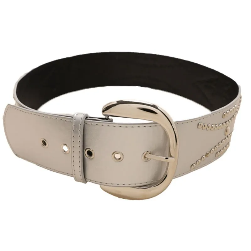 New Rivet Wide Version Belt for Women's Fashionable Silver Rock Glossy Metal Buckle Retro Wide-Edged Belt
