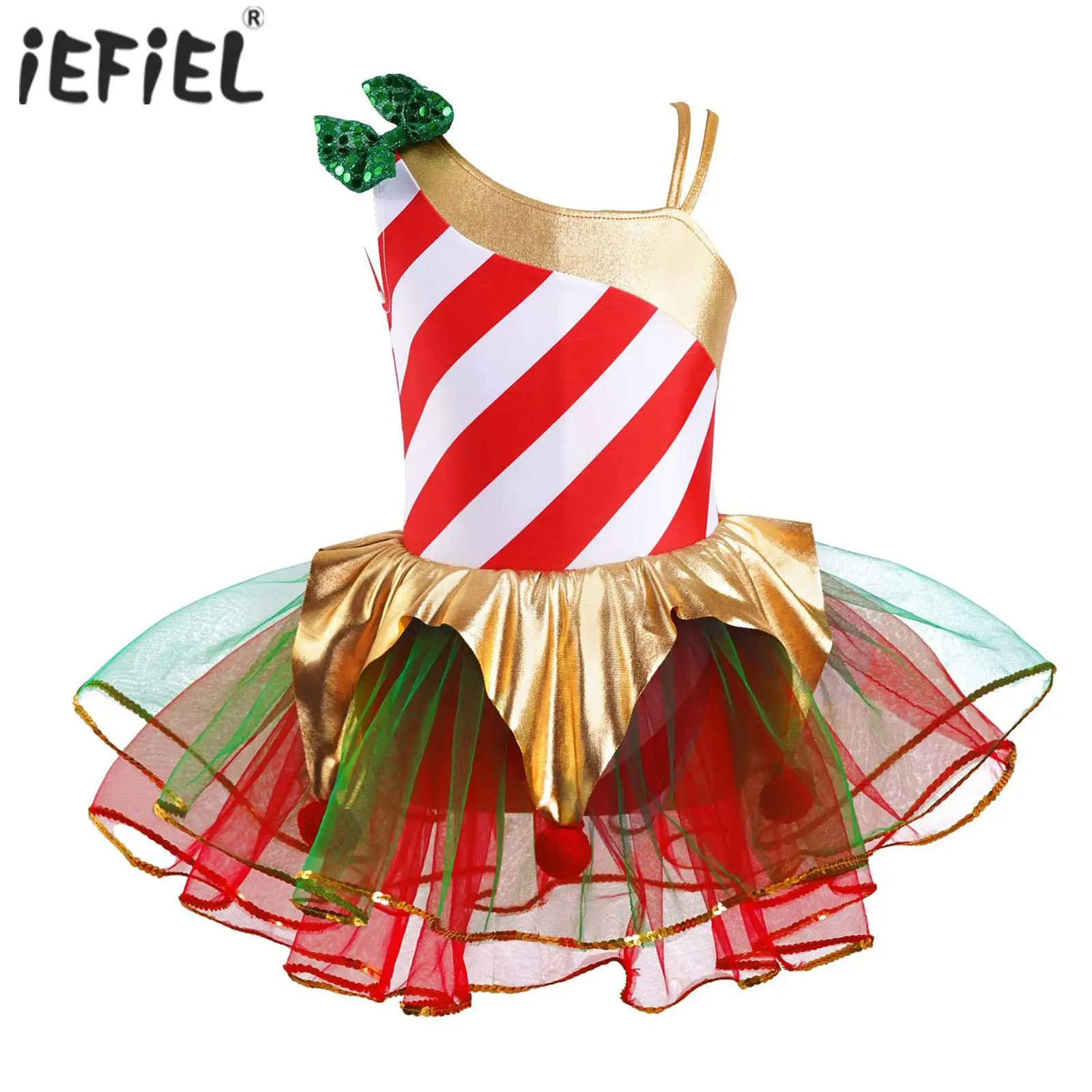 Cosplay Costume Kids Girls Dress Kids Girls Elf Christmas Carnival Cosplay Costume Candy Cane Xmas Dress Stripes Sequins Adorned Mesh Ballet Tutu Bodysuit
