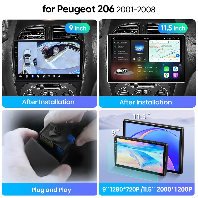 Radio para coche Junsun con Android Auto para Peugeot 206 206CC 206SW 2001 2002 2003-2008, sistema multimedia inalámbrico Apple CarPlay Android Auto, sistemas inteligentes, pantalla IPS, reproductor de vídeo estéreo, 2 Din, autorradio, unidad principal, navegación, BT, GPS, 4G, WIFI, FM, AM, DSP, RDS, SWC 4