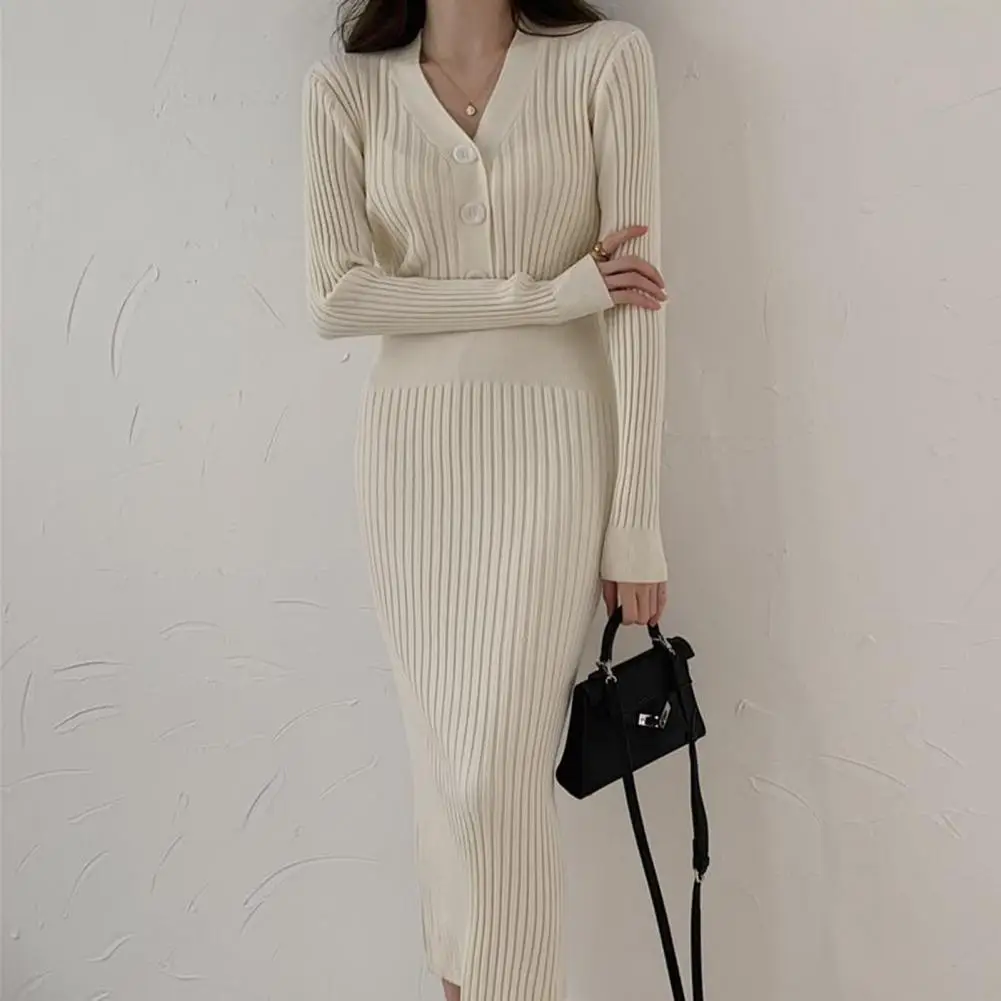 

Women Fall Winter Dress Knitted Thick Solid Color High Elasticity V Neck Buttons Long Sleeve Soft Mid-calf Length Sheath Tight W