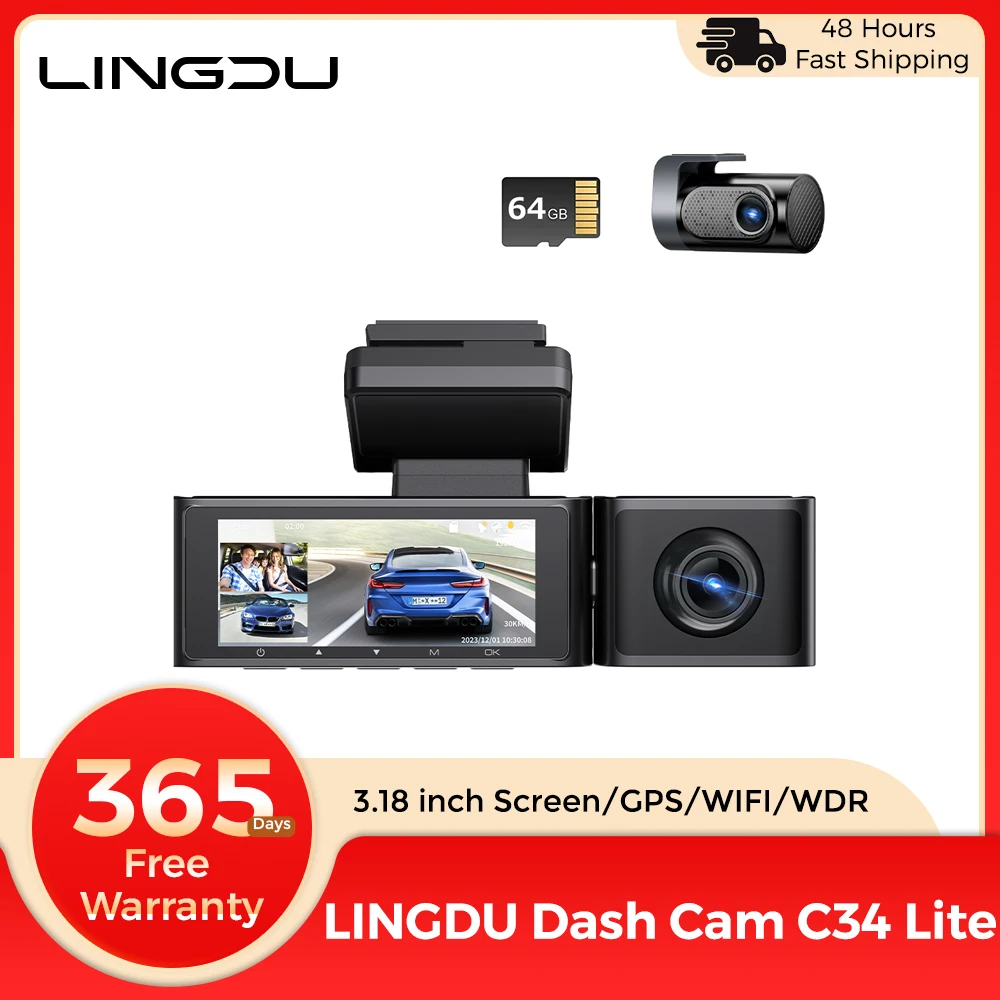 LINGDU Dash Cam 3 Channel C34 Lite, 4K front 2K 1K 1K WiFi GPS 24H parking mode car DVR