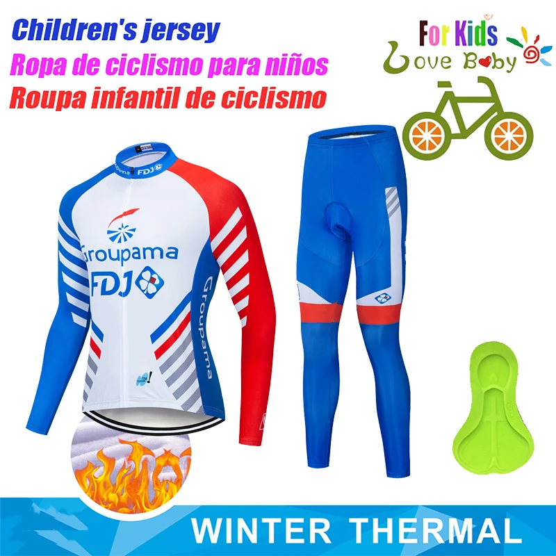 

2022 FDJ Kids Winter Thermal Fleece Cycling Jersey Set MTB Bicycle Cycling Clothes Keep Warm Bike Children Cycling Clothing Suit