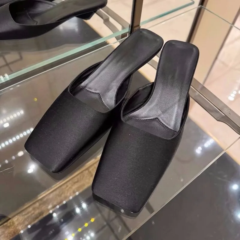 New Summer Women Slipper Pumps Triangle Heel Early Baotou Half Slippers Women's Square Toe Sandals Slippers for Women High Heels