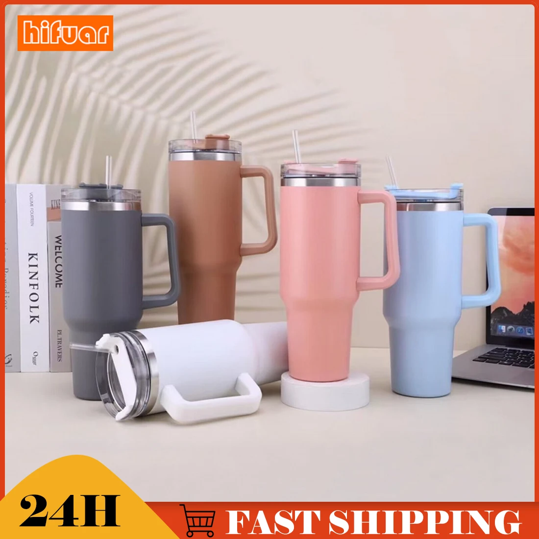 1200ml 단열 카페 텀블러 빨대 스테인레스 스틸 커피 Termos Cupacuum 플라스크 휴대용 물병, 40oz 머그잔 손잡이 포함