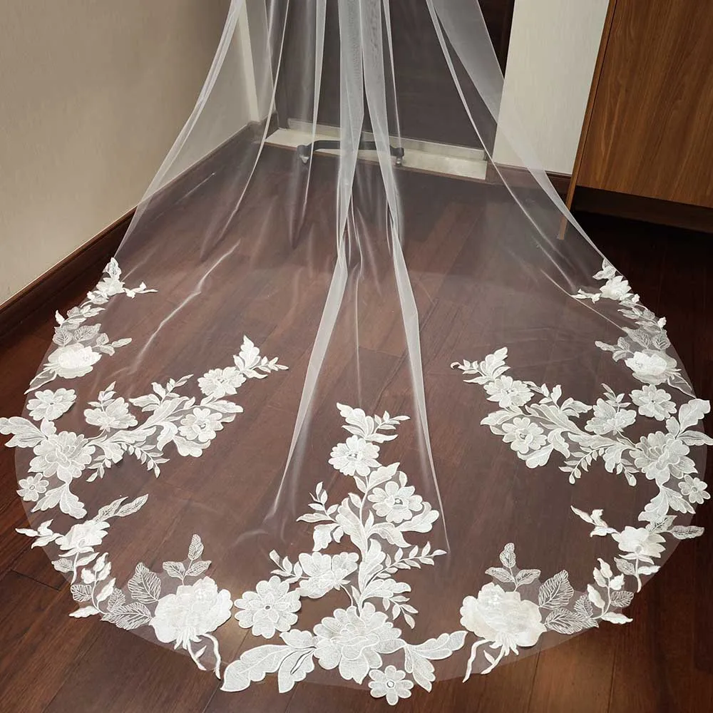 Voile de mariage en dentelle florale dégradée avec peigne pour patients, voile de tête à un niveau, accessoires de mariage, 3 mètres de long, haute qualité