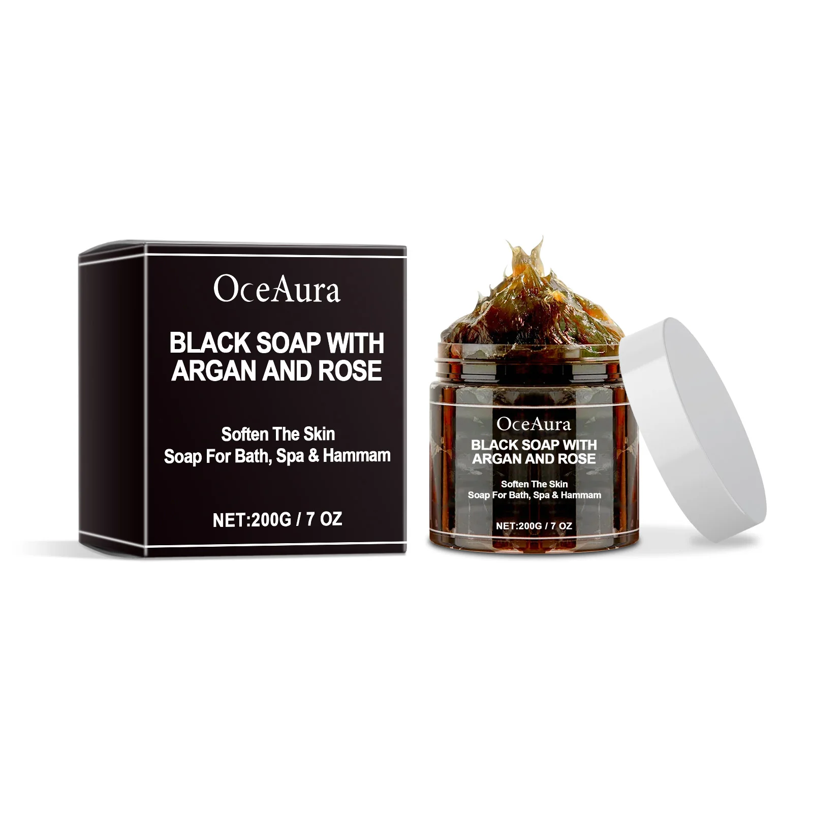OCEAURA Black Soap With Argan And Rose lack Beldi Soap Ideal For Dead Skin Remover Body Scrub Purifying Deep Cleansing 200g/7 Oz