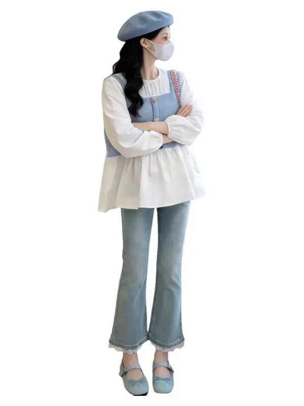 봄 신상 긴팔 스플라이싱 돌 셔츠 데님 투피스 세트 임산부 라운드넥 한국 버전 임부복 상의