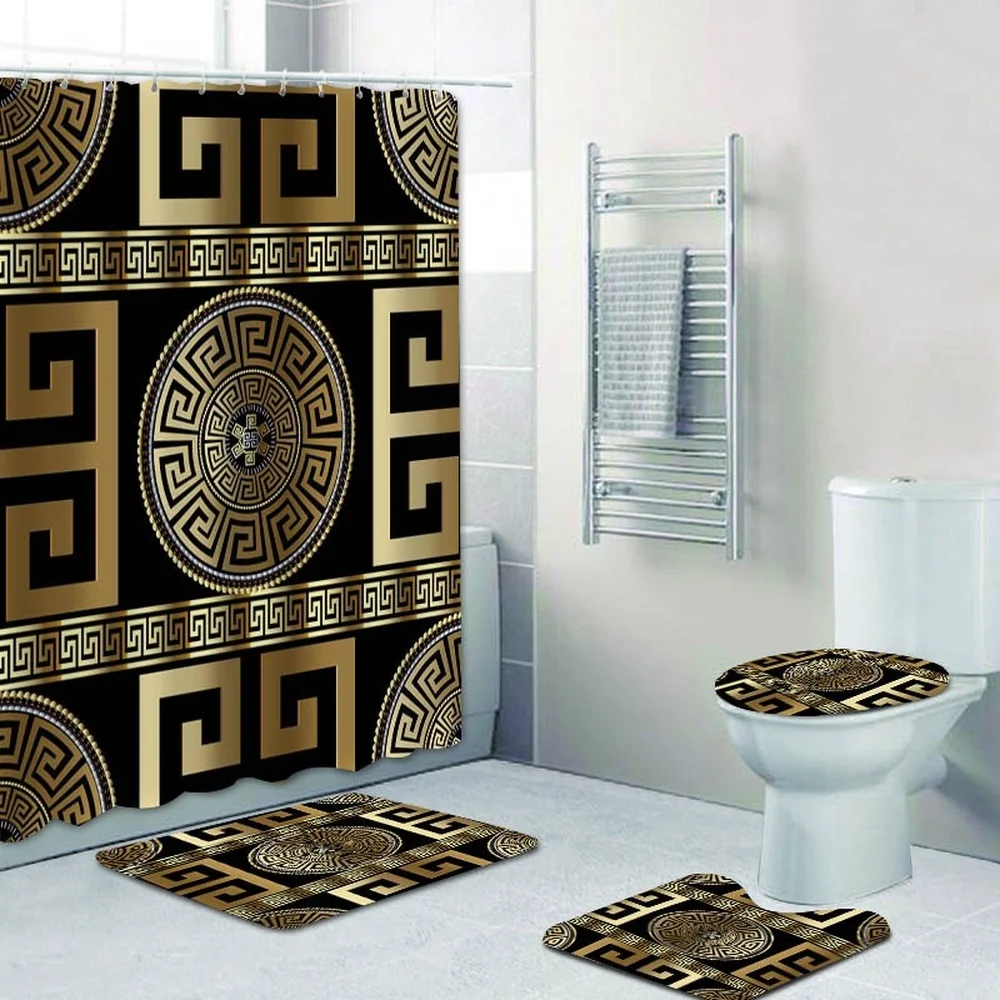 3D Luxury Black Gold Greek Key Meander Bathroom Curtains Shower Curtain Set for Bathroom Modern Geometric Ornate Bath Rug Decor shower curtains