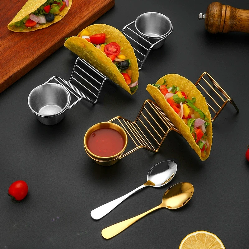 Taco Stand with Spoon Salad Cup Stainless Steel Taco Holder Set Rustproof Rack Set Burritos Tortilla Rack Cooking Tools