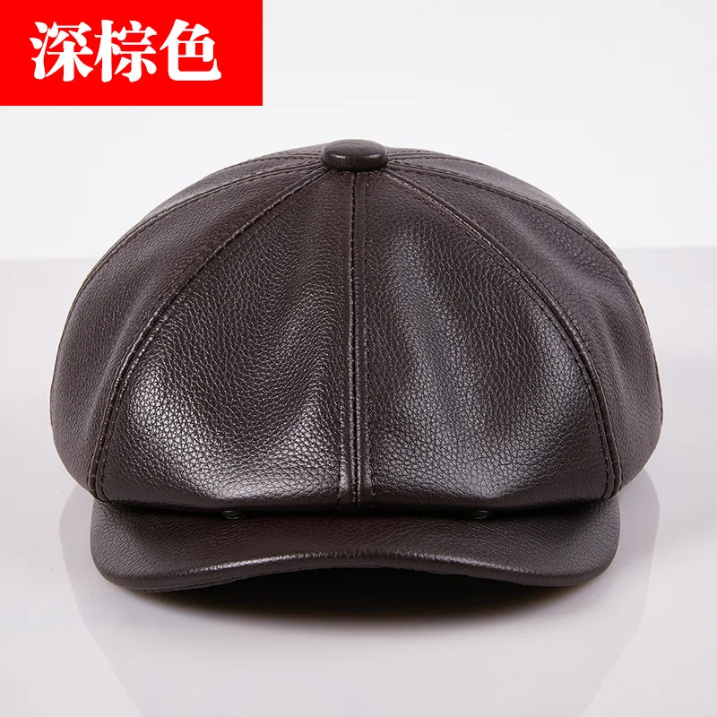 Cowhide Genuine Leather Retro Brown Men's Warm Cap - Spring/Winter Beret Style