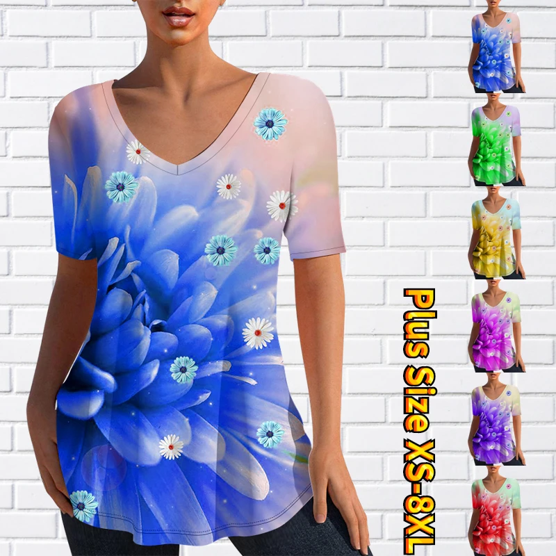 

Summer New Design Printing Short Sleeve Fashion Clothing Women's Vintage Pullover Sexy V-neck T-shirt Elegance Long T-shirt