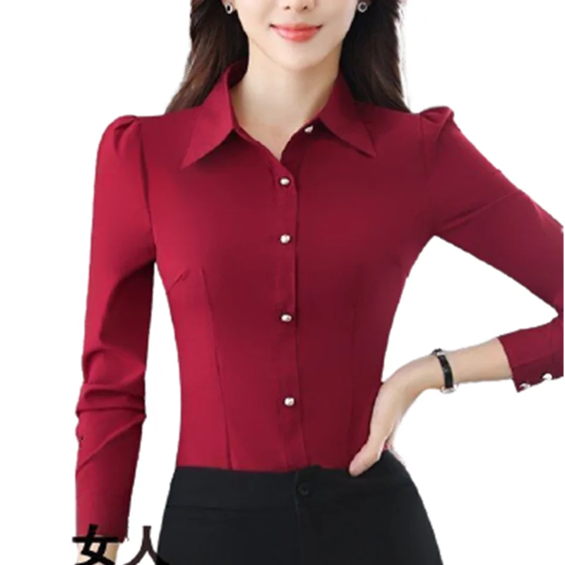 Elegant Korean Shirt Women White Red Button Lapel Cardigan Top Lady