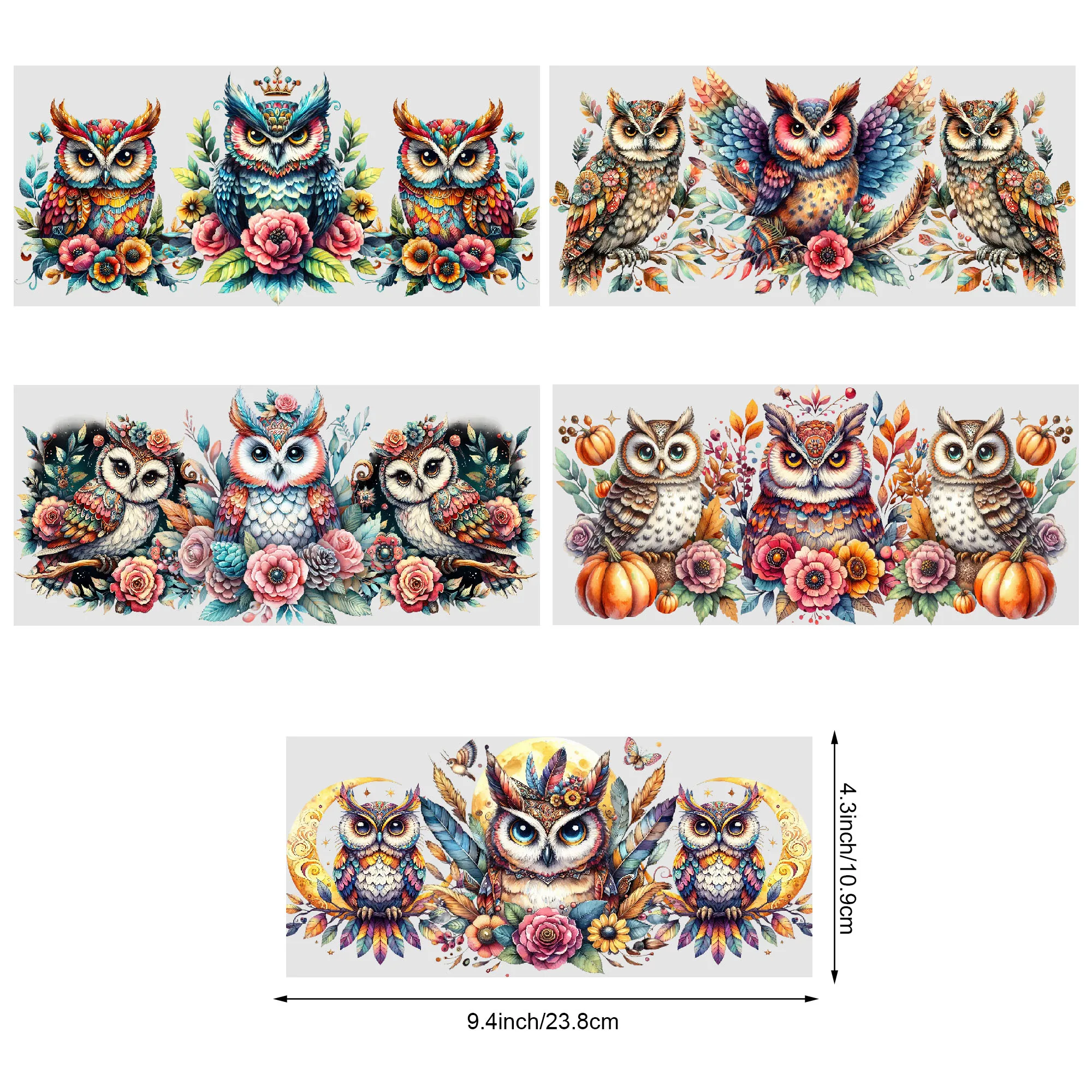 5 Sheets Owl UV DTF Cup Stickers, Glass Cup DTF Transfer Stickers, Waterproof Mystical Owl Wipeable Transfer Paper for