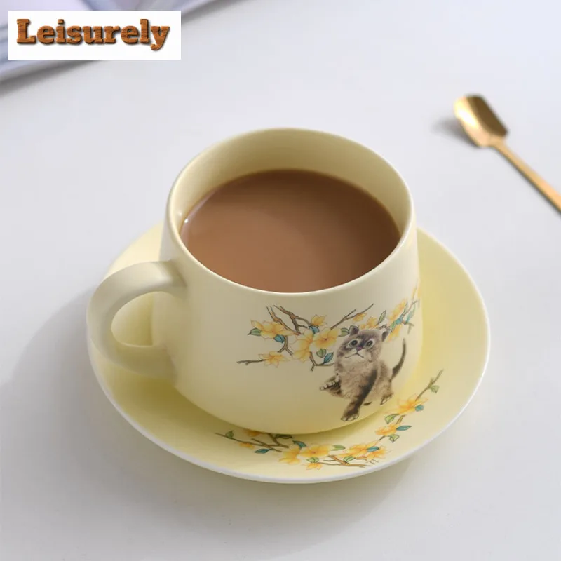 280ml Hand Drawn Cute Cat Coffee Mug With Plate Couple Handgrip Cups Afternoon Tea Mug Coffee Milk Pot Cup Saucer Kit Teaware