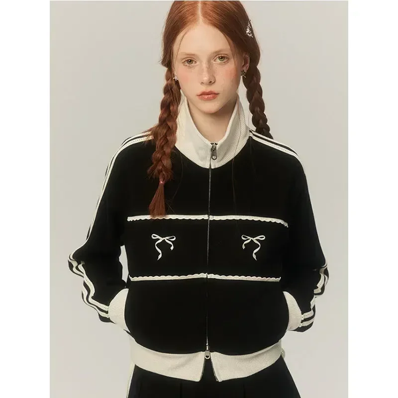 

Deeptown American Retro Lace Embroidery Zip Up Hoodie Women Bow Graphic Stand Collar Sweatshirt Track Cardigan Kpop Clothes Y2k