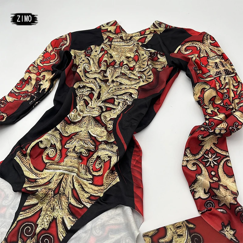 Man Womens Stage Performance Army Uniform Cosplay Costume Vintage Printing Bodysuit Jumpsuit Cape Dance Outfit Role drag queen - 5