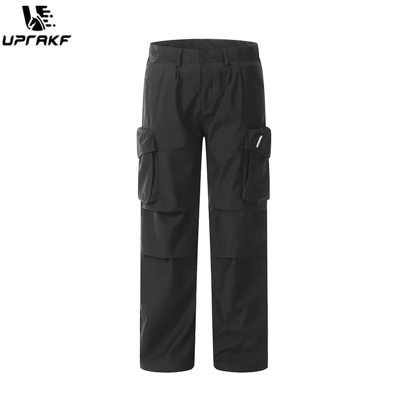 UPRAKF Drawstring Black Trousers Comfort Casual Side Pocket Autumn Pantalones Solid Color Pleated Streetwear
