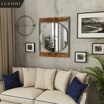 LUVODI Industrial Retro Decorative Wall Mirror Round Accent Mirror with Square Wood Frame for Wall Decor 3