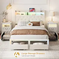 Full LED Bed Frame with Storage Headboard & Charging Station, Velvet Fabric Platform Bed Frames with 4 Drawers,Beige 2