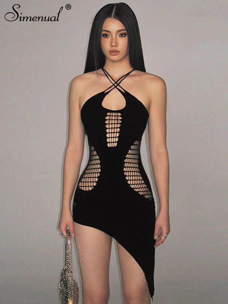 

Simenual Straps Criss Cross Dress for Women Sexy Hole Cut Out Backless Irregular Mini Dress Spring Night Party Birthday Vestido
