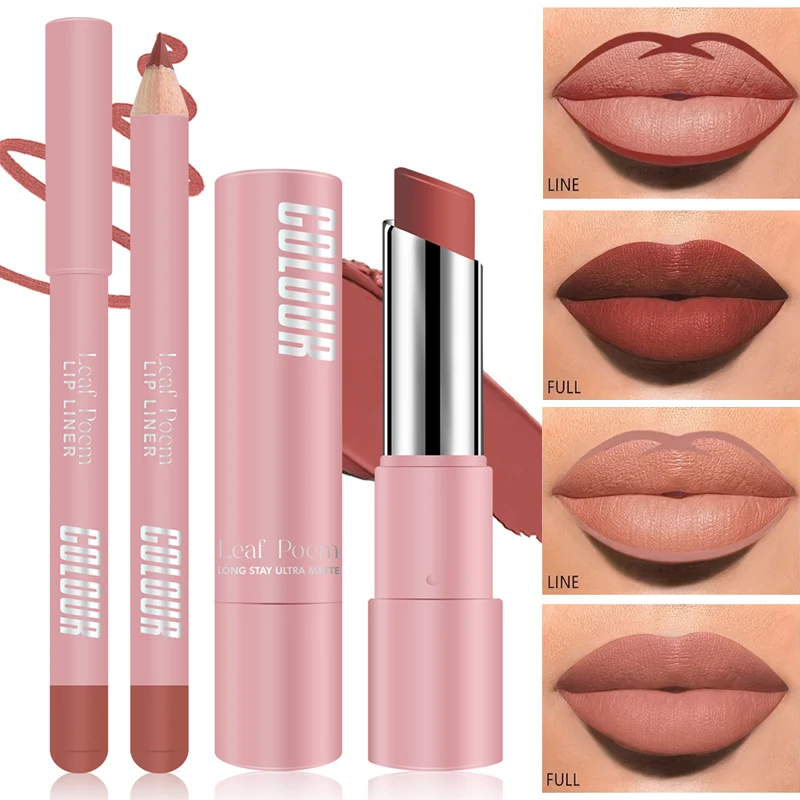 2Pcs Matte Lipstick&lip Liner Set Nude Brown Lipliner Pencil Waterproof Lip Liner Lasting Not Easy Fade 2 in 1 Lips Make Up Kit 3