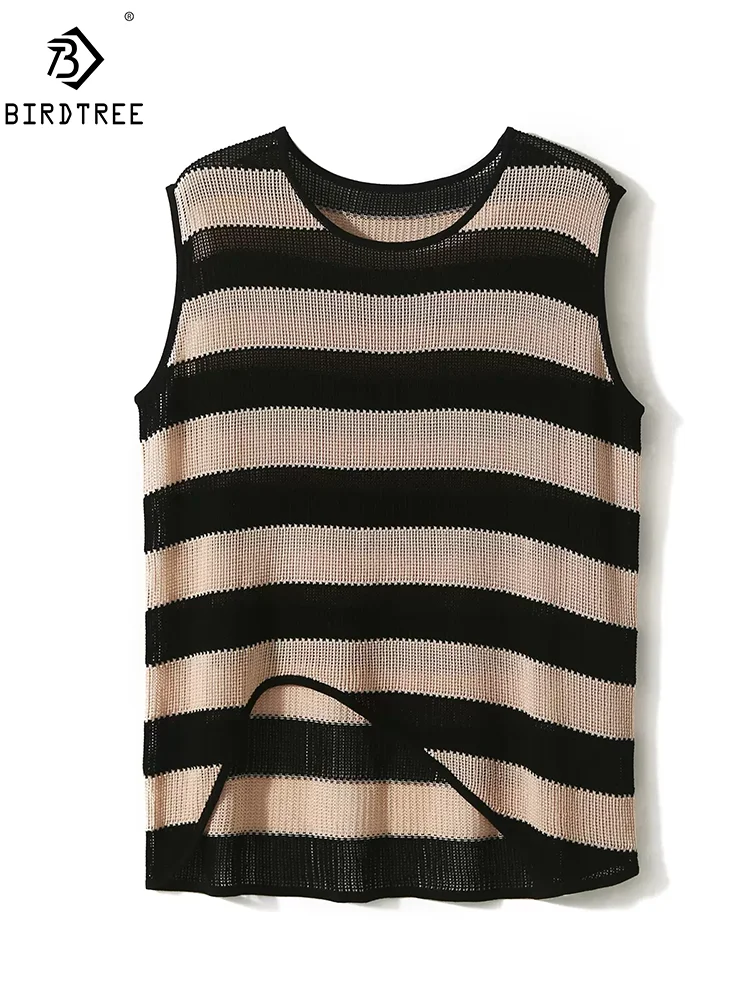 birdtree-10-mulberry-silk-elegant-knitted-t-shirt-women-o-neck-sleeveless-stripe-retro-commute-thin-top-2024-summer-t45325qm