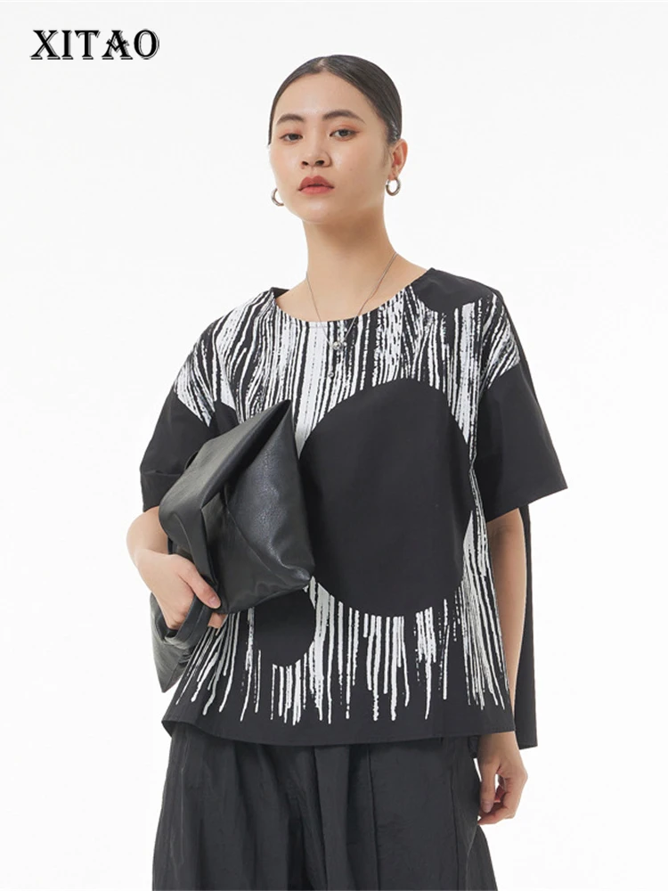 

XITAO Print Pattern T Shirt Pullover Goddess Fan Casual Style Striped Minority Patchwork 2023 Summer Loose Tee Top WLD16682