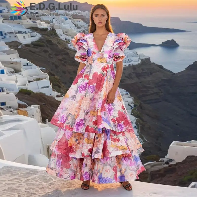 

EDGLuLu Runway Luxury Designer Clothing Women 2024 V-Neck Tie Dye Print Dress Beach Bohemia Cascading Ruffled Long Dresses 0602