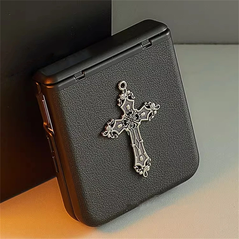 Luxury Trendy Metal Cross Leather Phone Case with Hinge Protection