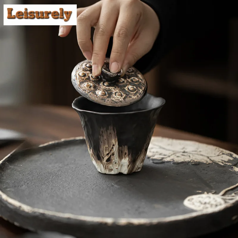 200ml Wabi Sabi Style Gaiwan Luxury Relief Lotus Rhyme Tea Tureen Household Tea Maker Cover Bowl Tableware Supplies Ornaments