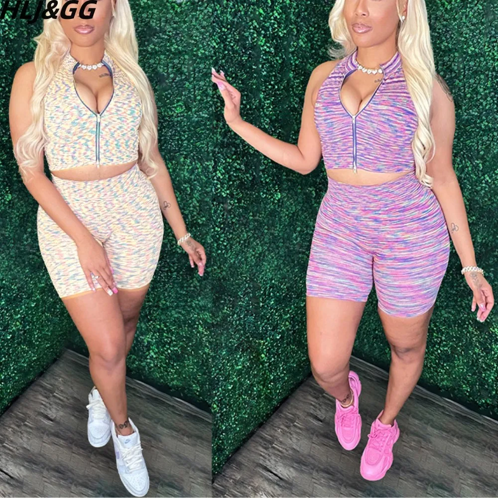 HLJ&GG Summer Printing Biker Shorts Two Piece Sets Casual Zipper Sleeveless Crop Top And Shorts Tracksuits Female 2pcs Outfits hlj pink letter printing bodycon romper women zipper sleeveless slim jumpsuit casual sporty solid color ribber one piece overall